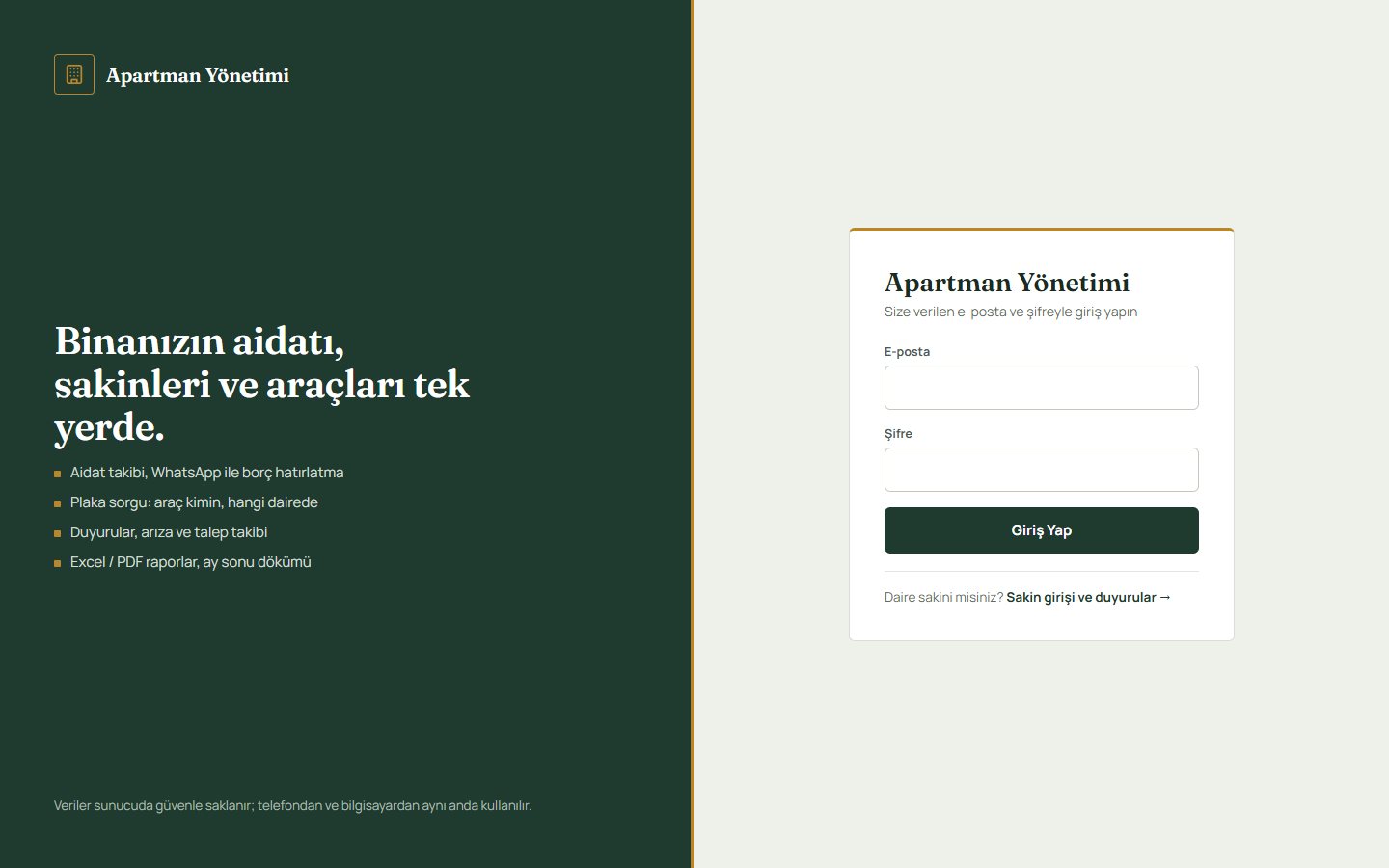 Apartman ve Site Yönetim Paneli — yönetici girişi