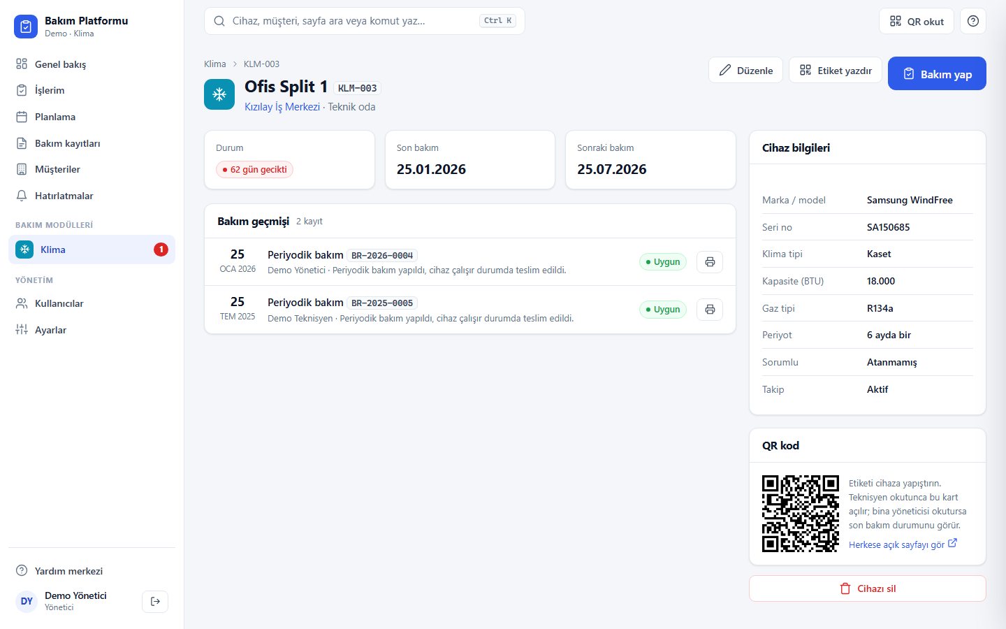 Klima Bakım Takip — cihaz kartı ve QR kod