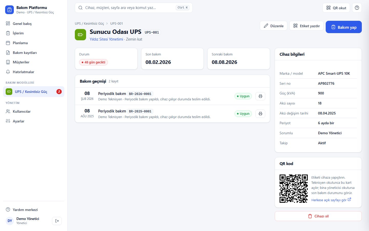 UPS Bakım Takip — cihaz kartı ve QR kod