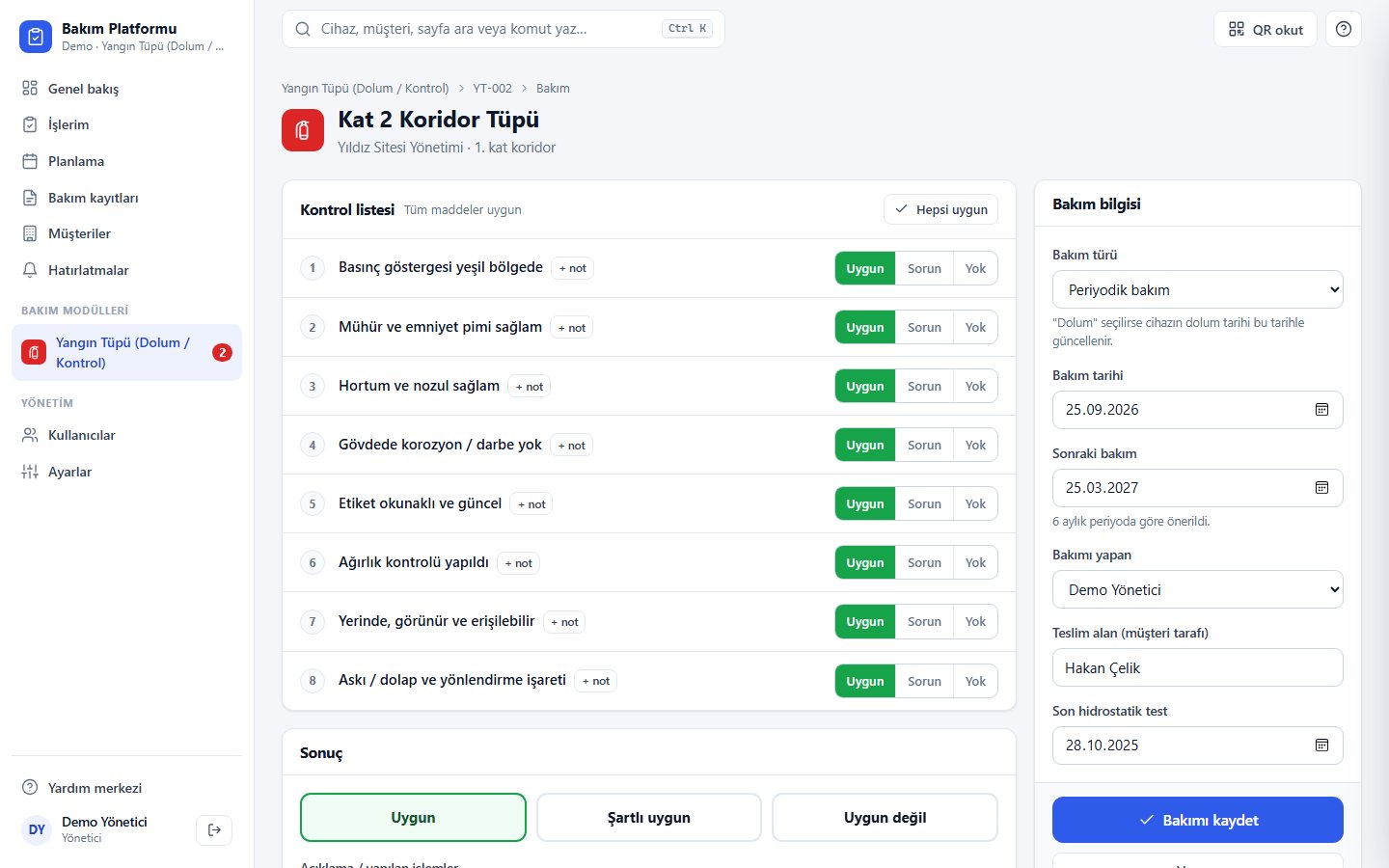 Yangın Tüpü Dolum ve Kontrol Takip — bakım formu · kontrol listesi